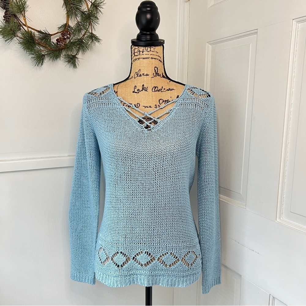 BCBGMAXAZRIA Baby Blue Open Knit Crochet Sweater